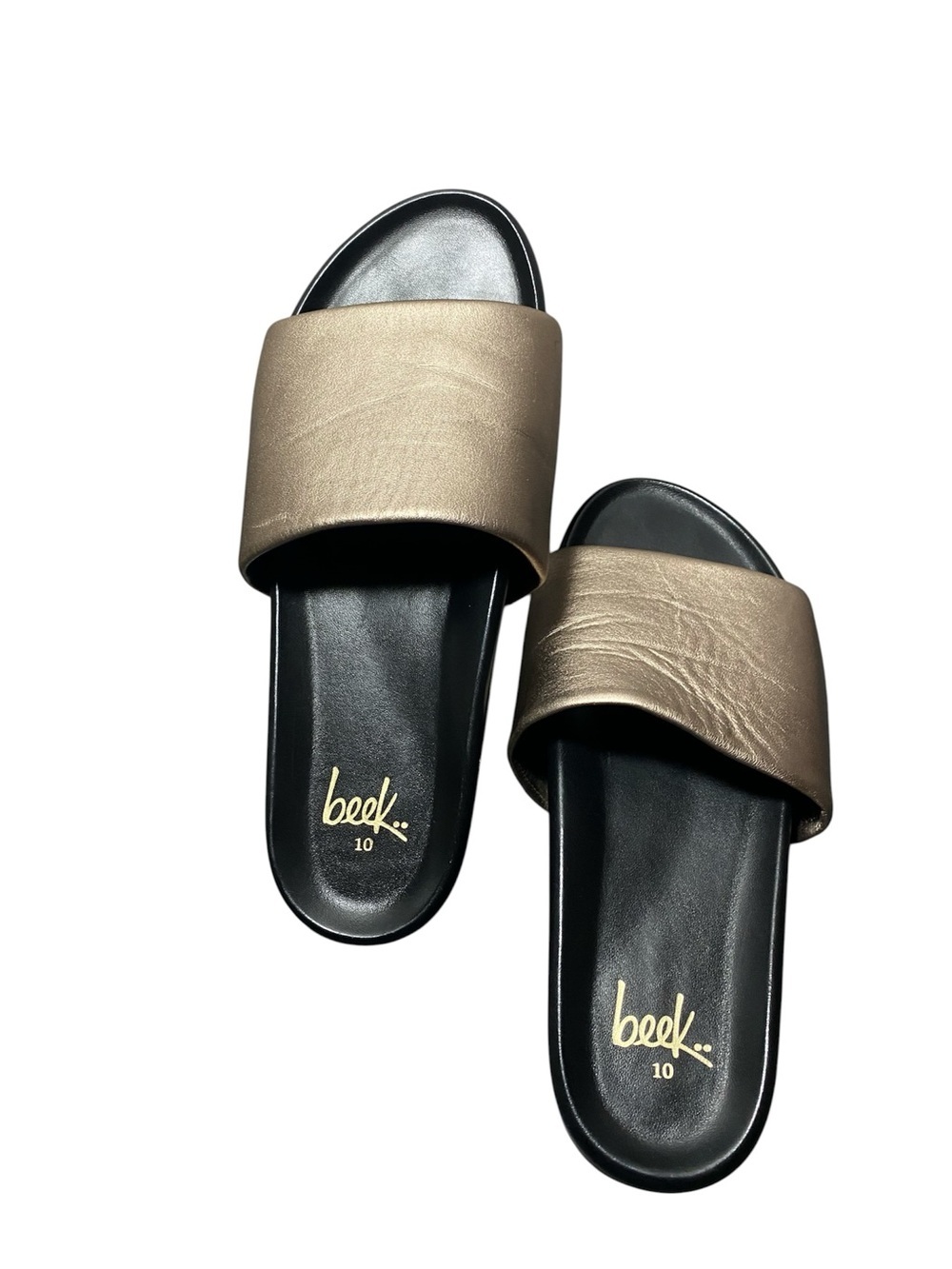 Beek Pelican Slides Sandals Gold Black Leather Sz-10